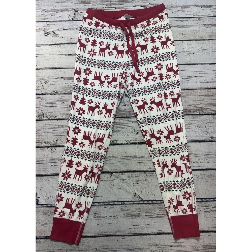 Hanna Andersson Dear Deer Pajama Pants Womens Medium Christmas Red Drawstring